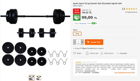 35 kg Dambıl Seti (Dumbell) Ağırlık Seti 99 TL (DÖKÜM DEĞİLDİR) - Hepsiburada / Satıcı Aydın Sport