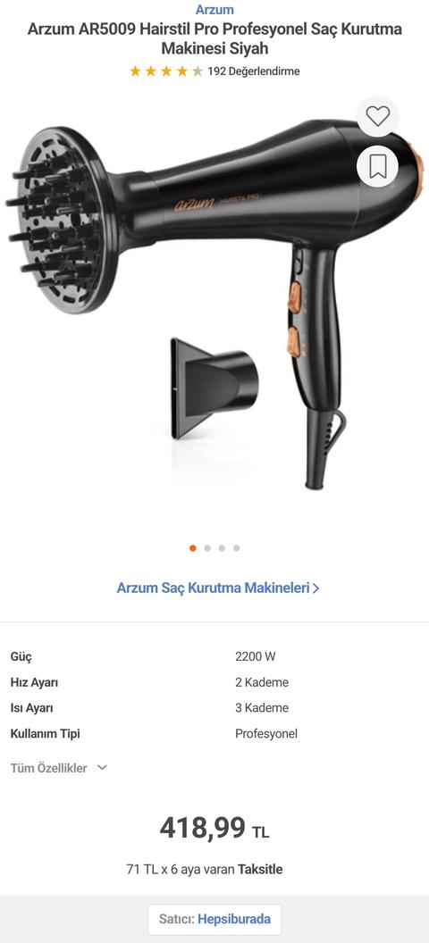 Arzum AR5009 Hairstil Saç Kurutma Makinesi 420TL