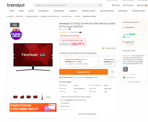 ViewSonic 32inç VX3211-2K-MHD IPS 2560x1440 3ms-- 3861TL (Bedava Gibi)