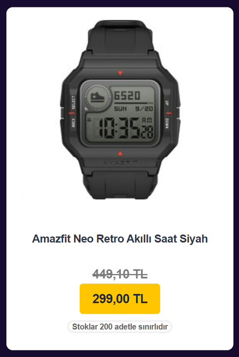 Amazfit Neo Siyah Retro Akıllı Saat - 299 TL