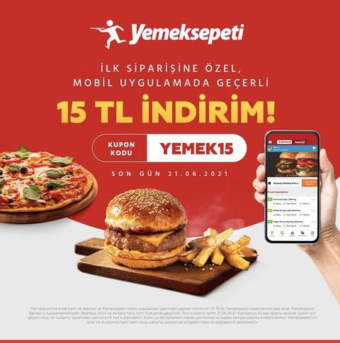 Yemeksepeti ilksiparişe özel mobil uygulamada geçerli 25/15