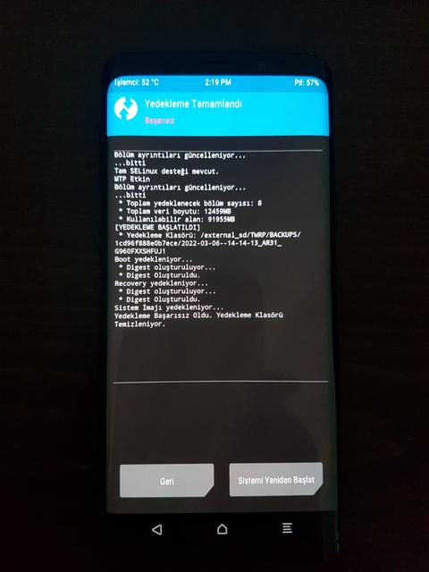 Samsung s9 root lu TWRP yedekleme başarısız oluyor neden?