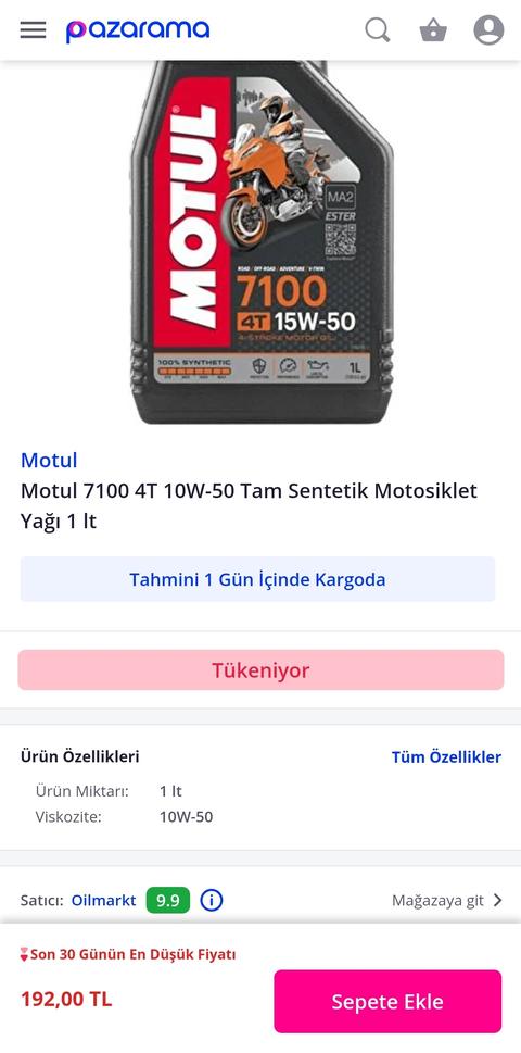 Motul 7100 4T 10W-50 Tam Sentetik Motosiklet Yağı 1 lt 192tl