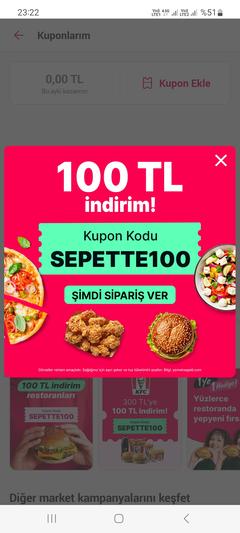 Yemek sepeti eski hesaplara 150/ 100 tl indirim kodu saglamis 