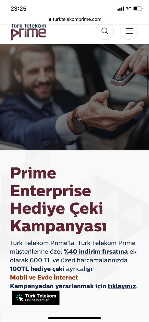 Türk Telekom Prime Enterprise Araç Kiralama 100 TL Çek + %40