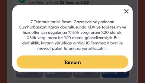 Turkcell kullanıcılarına Kdv zam bildirim gönderdi