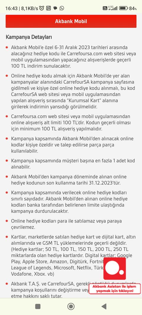 Akbank Mobil CarrefourSA 100 TL Altı Limitsiz Kod Kişiye Özel Olabilir