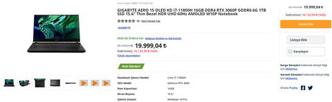 GIGABYTE AORUS i7-11800H 16GB DDR4 RTX 3060P 1TB SSD 240Hz FHD + GP-AORUS H5 Kulaklık 17.999,00 tl