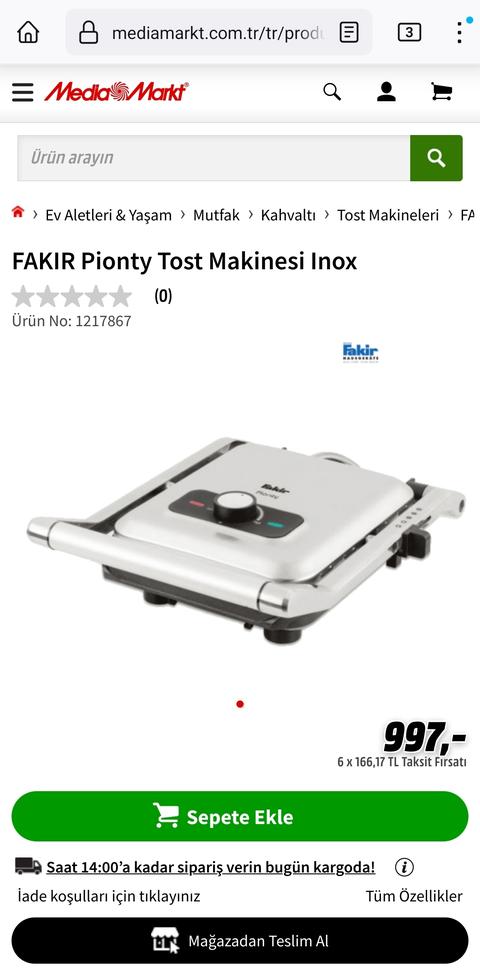 FAKIR Pionty Tost Makinesi 997tl