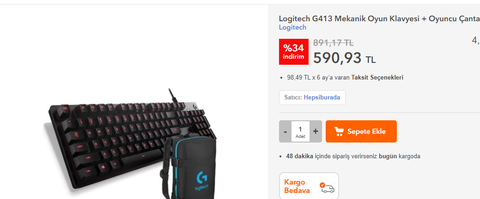 Logitech G413 Silver Klavye + Çanta 590TL