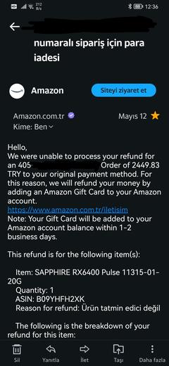 Amazon ekran kartı değişim/iade sorunu