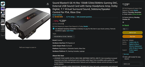 Creative Sound BlasterX G6 Hi-Res 130dB 32bit/384kH 7.1 HD Gaming DAC USB Ses Kartı - 2293 TL Amazon