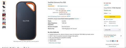 1287 TL Sandisk Extreme Pro 1TB Taşınabilir SSD Amazon Prime