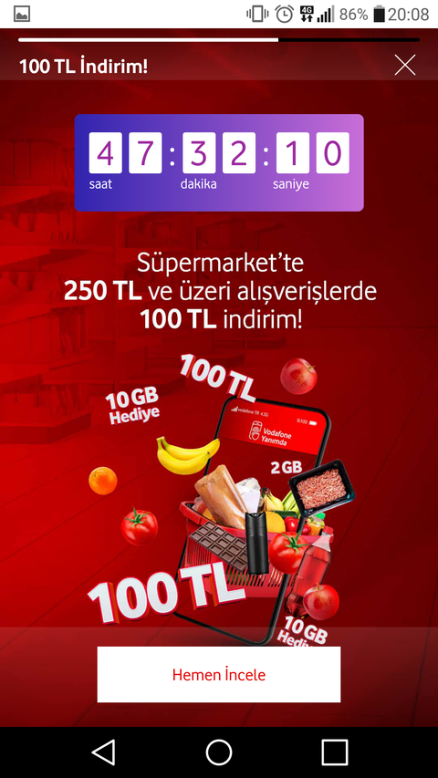 Vodafone Süpermarket 250 lira üzerine 100TL indirim + 10gb internet