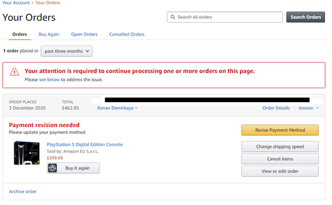 Amazon UK  Revise payment methods hatası