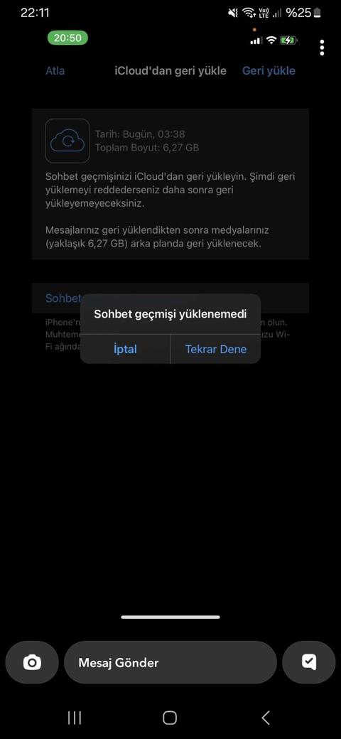 İphone Whatsapp Sohbet geçmişi yüklenemedi hatası