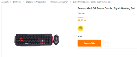 Everest Gmk66 Armor Combo Siyah Gaming Set 42TL migros