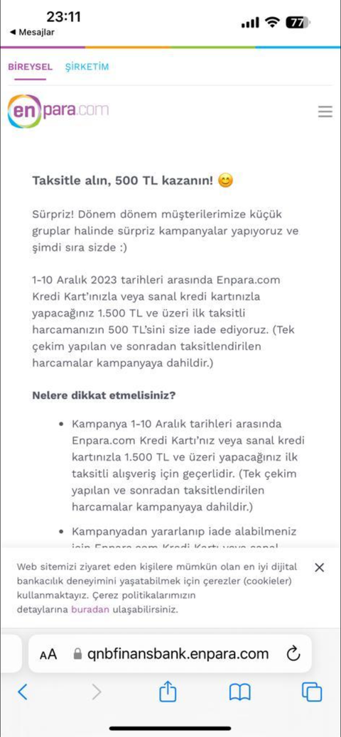 Enpara kredi kartı 1500e500 iade (kişiye özel olabilir)