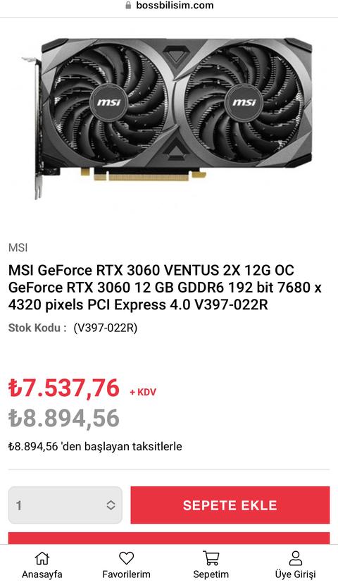 (Bossbilisim)(9000TL) MSI GeForce RTX 3060 VENTUS siteden alınır mı?
