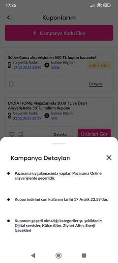 Pazarama 24 Kasım özel bin lira alışverişe 500 lira alt limitsiz kupon(İlk Alışveriş)