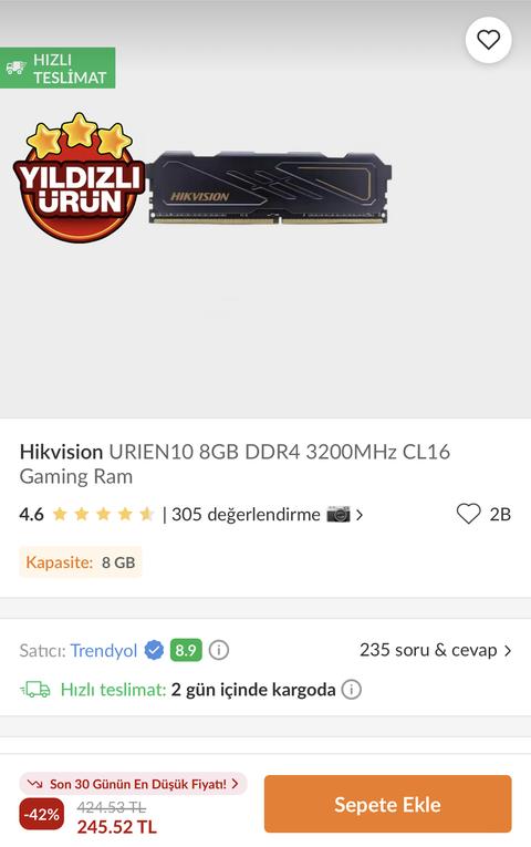 Hikvision URIEN10 8GB DDR4 3200MHz CL16 Ram 245 TL