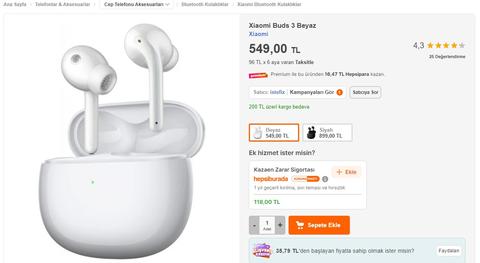 Xiaomi Buds 3 Beyaz 550TL