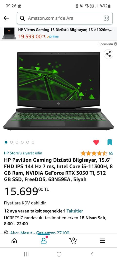 Amazon-Hp pavilion Gaming-i5 11300 rtx3050ti -15699 tl