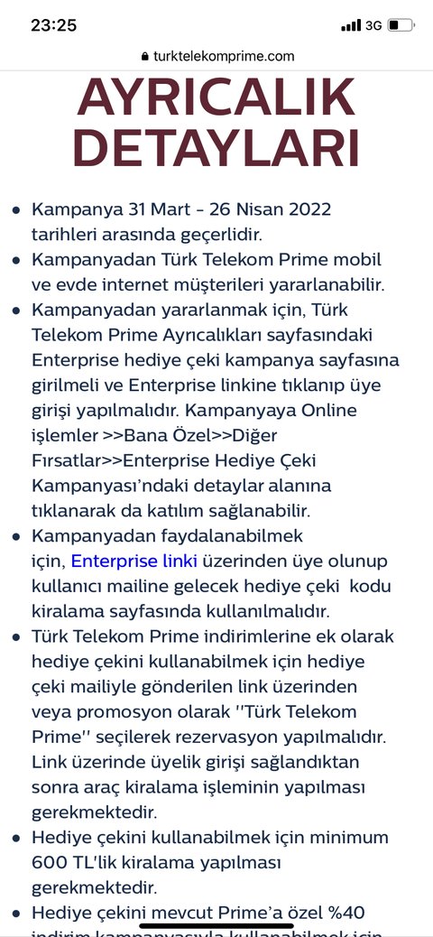 Türk Telekom Prime Enterprise Araç Kiralama 100 TL Çek + %40