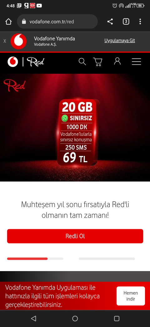 Vodafone Red20 tarifesi 20 GB +1000 Dk 69 TL