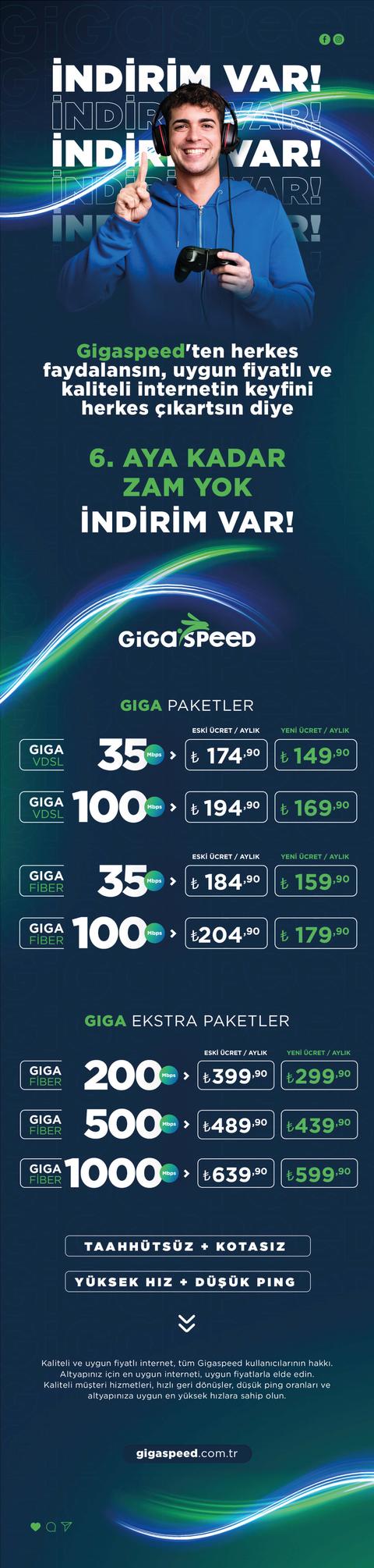 [Gigaspeed] 100 Mbps İnternet 169.90TL - 35 Mbps İnternet 149.90TL - Fiber ve VDSL İnternet