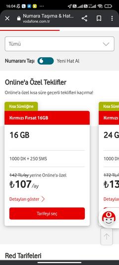 Vodafone faturalı hat taşıma 16GB+1000 DK. + 250 SMS =105 TL (AYLIK)