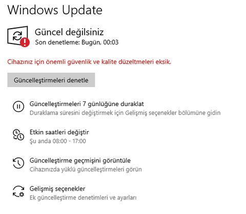 Windows update hatası : "Cihazınız için önemli güvenlik ve kalite düzeltmeleri eksik."