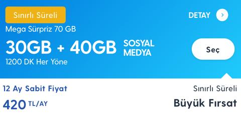 İlle de Turkcell ve Bol İnternet Diyenlere 70 GB (30 GB + 40 GB SM) 420₺!