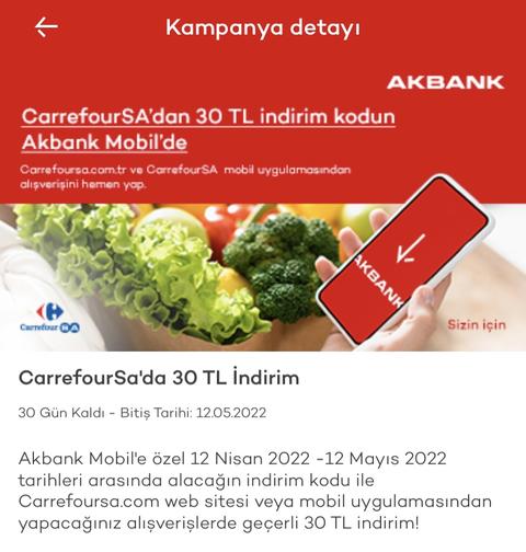 Akbank Mobile (Akbank Direkt) Özel CarrefourSa’da 30₺ İndirim