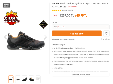 Adidas Erkek Outdoor Ayakkabısı Terrex Ax3 Gtx BC0517 - 625 TL