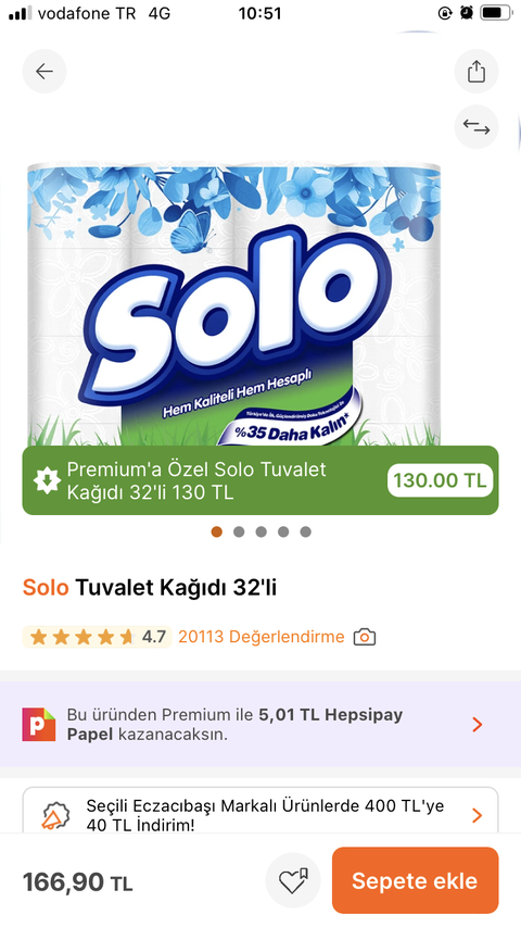 Solo Tuvalet Kağıdı 32’li 130TL (HB Premiumlulara Özel)