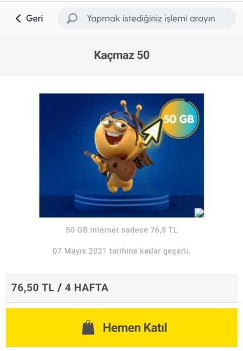 TURKCELL KAÇMAZ 50 GB / 4 hafta - 76.50 TL