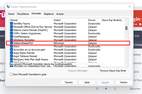 Windows 11 hizmet kapatılmaması sorunu ( Bilinmeyen dosya: DalbarnMasterFlo)