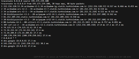 Cmd ekranından ping testi - tracert testi - tracert testi nedir? Türk Telekom looking glass