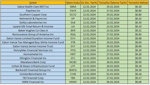 Temettü Ödemesi Ex-Div. Tarihi Şubat 2024 Olan Bazı Ünlü ABD Şirketleri