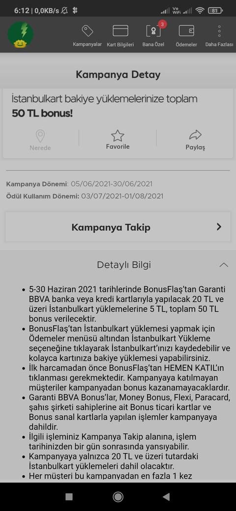 Garanti İstanbulkart 20/5 toplam 50 Bonus farklı gün Haziran
