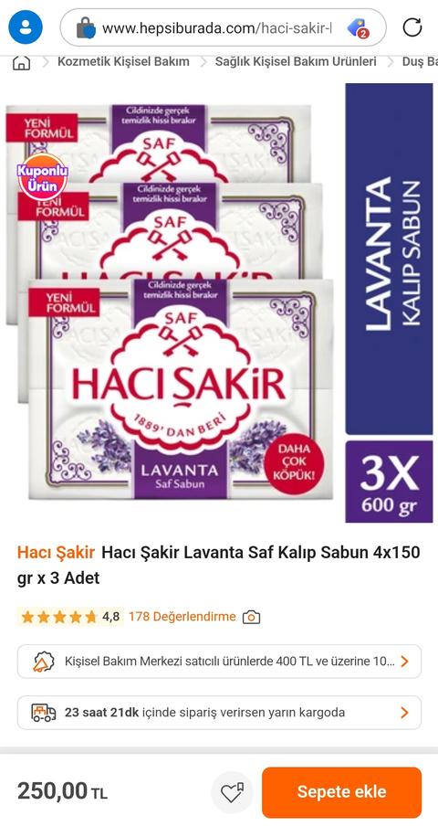 HacıŞakir Doğal Saf Geleneksel Beyaz Sabun 4x150 gr x 3 Adet 250tl