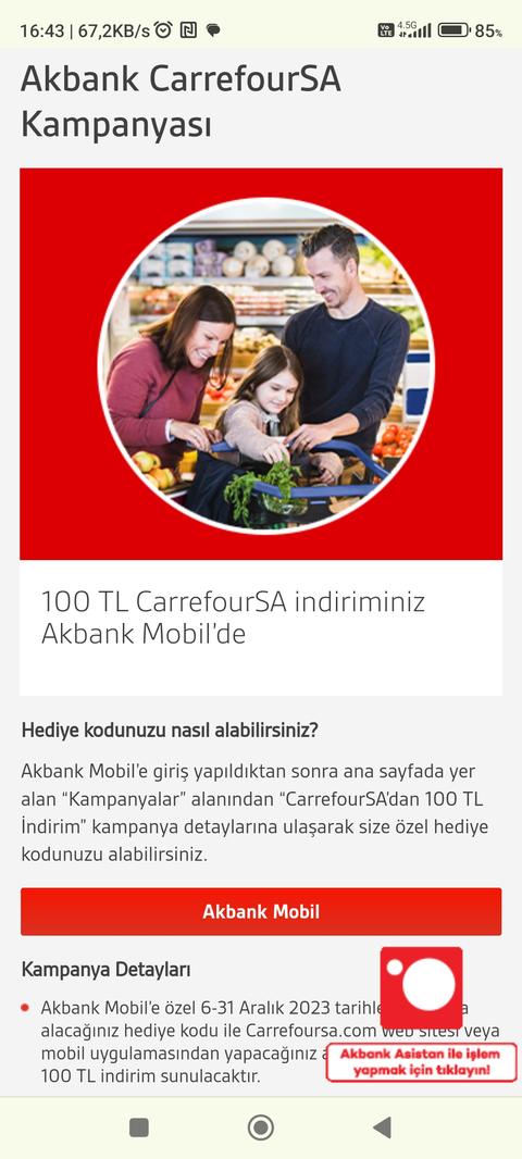 Akbank Mobil CarrefourSA 100 TL Altı Limitsiz Kod Kişiye Özel Olabilir