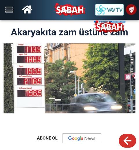 Sabah Gazetesi Akaryakıt Zam Haberi