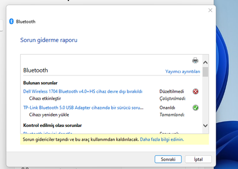 Yerleşik ve usb bluetooth sorunu