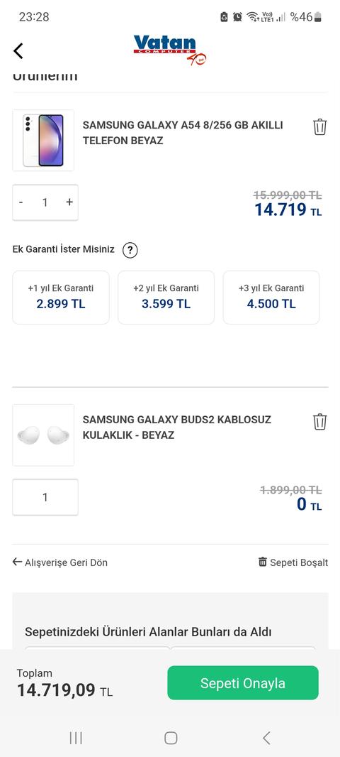 Vatan.com.tr-Samsung A54 +Buds 2 hediye 14719 TL