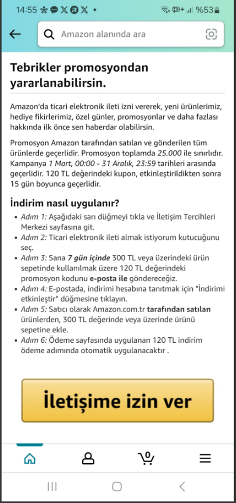 Amazon iletişim iznine 300/120₺ Promosyon