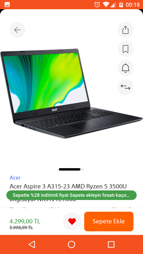 Acer Aspire 3 A315-23 AMD Ryzen 5 3500U 8GB 256 4299₺ HepsiburadaGB SSD Linux 15.6" FHD