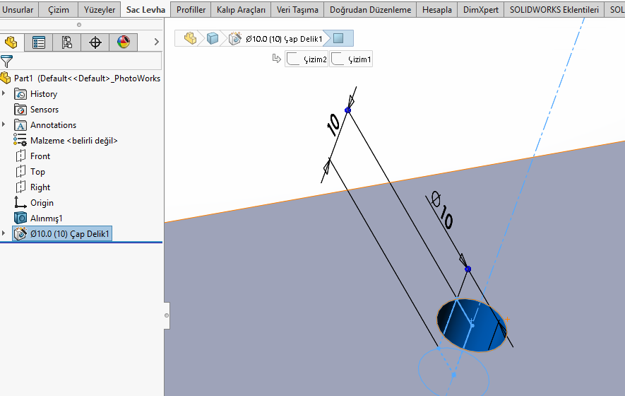 solidworks de delik sihirbazı istediğim boyutta delik veya diş açmıyor