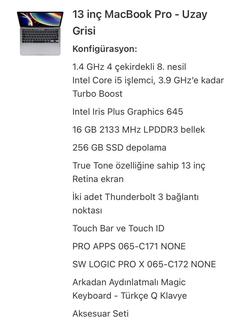 Macbook Pro 13” Uzay Grisi 256 gb 16 GB